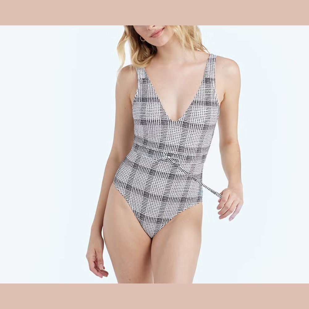 NWT Summersalt [ 2 ] The Tie Waist Backflip One Piece Modern Plaid White 6991‎